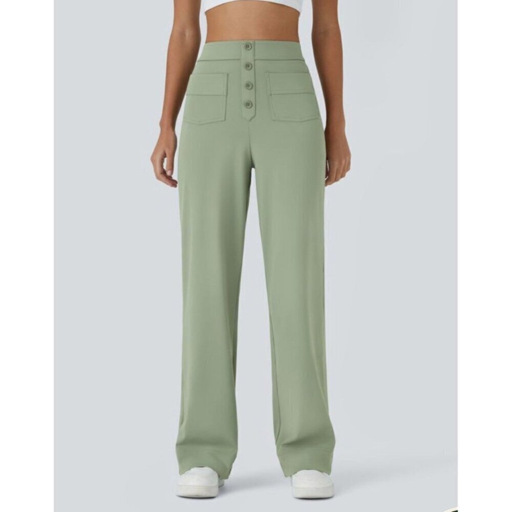 High Waisted Button Multiple Pockets Straight Leg Casual Pants Size Large NWT
